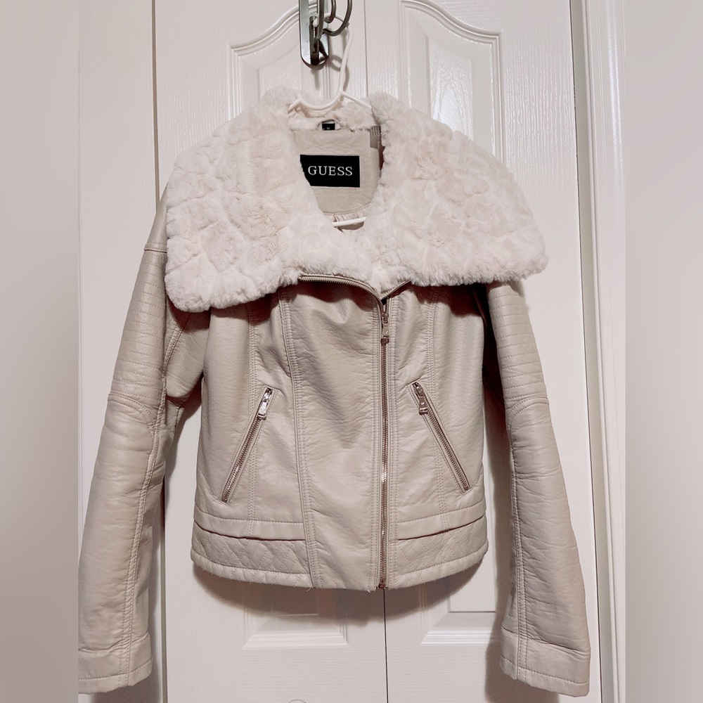 GUESS Jacket, Full Zip Closure, Faux Leather & Fur, Sz M white & Ivory